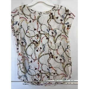 Lily White Women's Cream Chains/Tassels Short Sleeve Blouse Size M Mob Wife